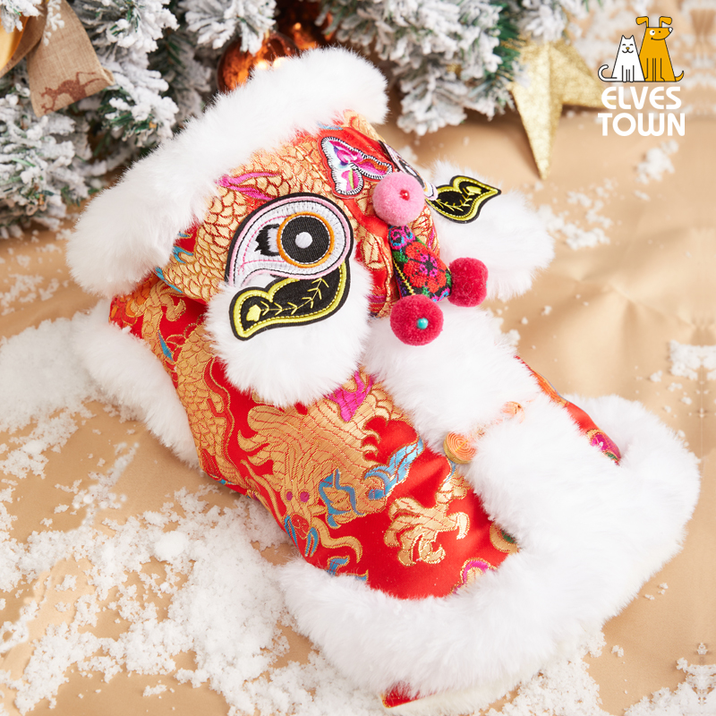 宠物过年衣服 春节新年蛇年猫咪狗狗唐装虎头醒狮服 冬款拜年服