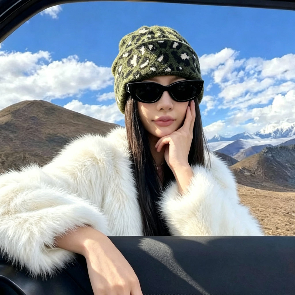 川西旅游豹纹针织帽女士2026款帽子秋冬堆堆冷帽显脸小毛线帽保暖