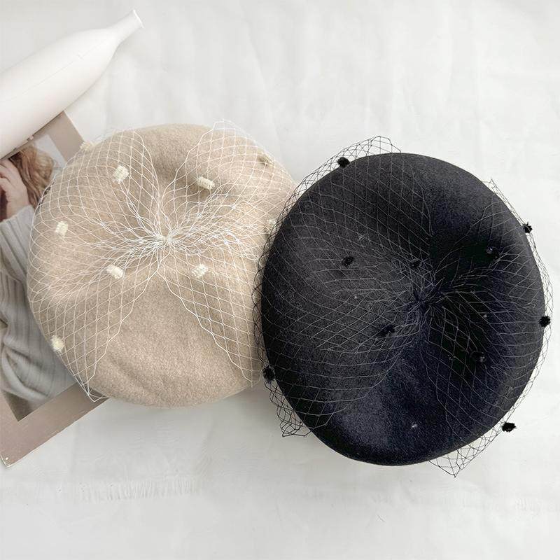 秋冬优雅贝雷帽高级感蓓蕾帽网纱画家帽时尚洋气南瓜帽复古保暖帽