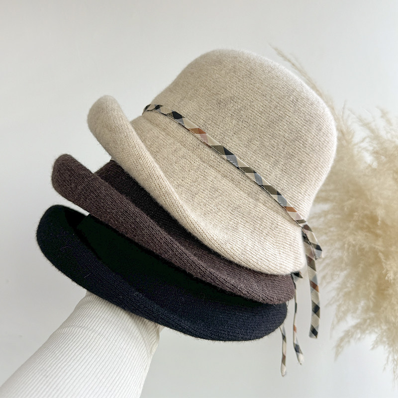 秋冬保暖羊毛针织渔夫帽优雅丝带翘边礼帽显脸小护耳帽毛线帽可折