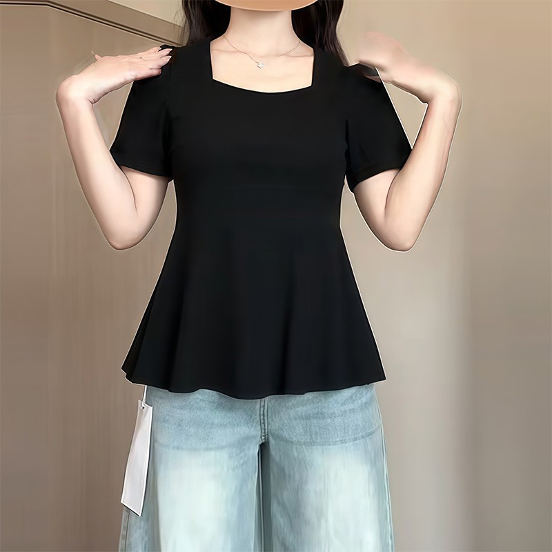 大码法式气质方领正肩短袖恤女夏季微胖显瘦遮肚减龄时尚上衣