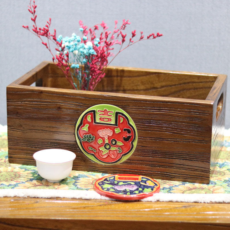 33/18手工创意化妆品收纳老榆木镶嵌瓷板画客厅卧室桌面摆件