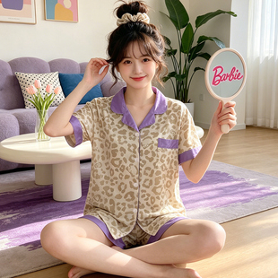 新款设计感豹纹高级夏季女短袖短裤俩件套舒适居可外穿套装居家服