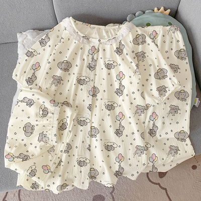 可爱气球大象睡衣女短袖三件套云朵棉圆领公主风花边ins外穿居家