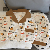 新款 学生宿舍云朵棉家居服 春秋款 卡通小猫子母印花少女风长袖 长裤