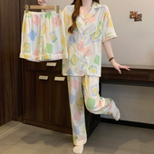 家居服套装 休闲新款 三件套可爱格子萌趣花卉春秋睡衣女可外穿薄款