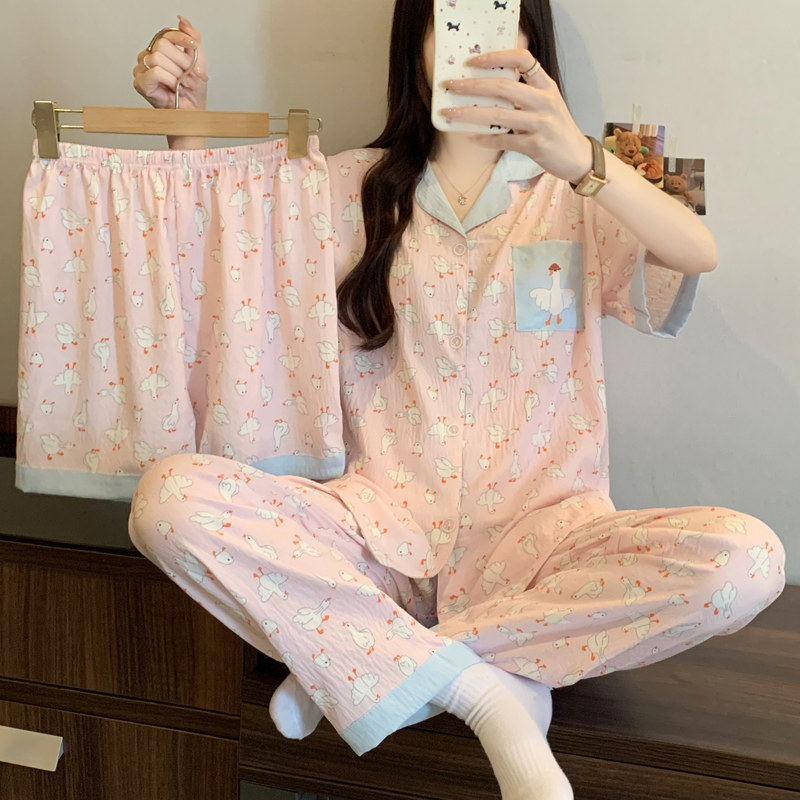 卡通萌趣白鹅云朵棉三件套睡衣女短袖家居服套装休闲舒适清凉薄款