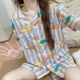 外穿 卡通可爱腊肠小狗星星碎花条纹睡衣女短袖 短裤 家居服套装 开衫