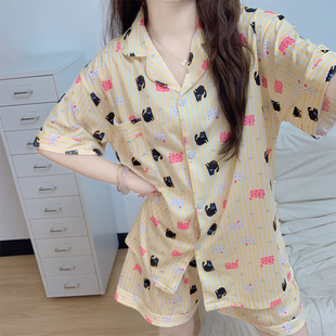 甜美家居服套装 可爱卡通小猫条纹睡衣女夏季 短裤 新款 外穿 ins短袖