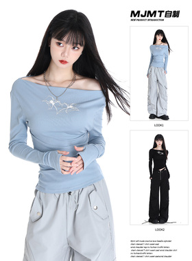 MJMT辣妹一字肩长袖t恤女春季内搭短款修身打底衫设计感露肩上衣