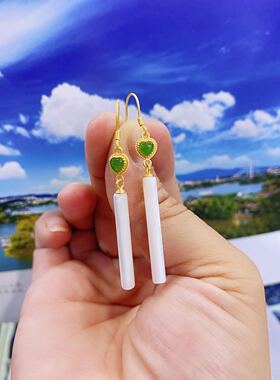 纯银镶嵌碧玉心形耳坠时尚风珍珠