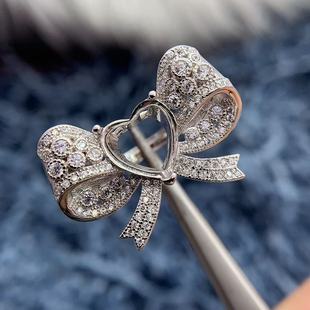 S925纯银戒指空托心形10*10mm立体蝴蝶结华丽高级红宝石碧玉镶嵌