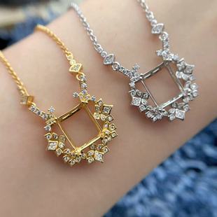 S925纯银项链空托长方形10*12mm复杂设计闪亮夸张高级感项链女
