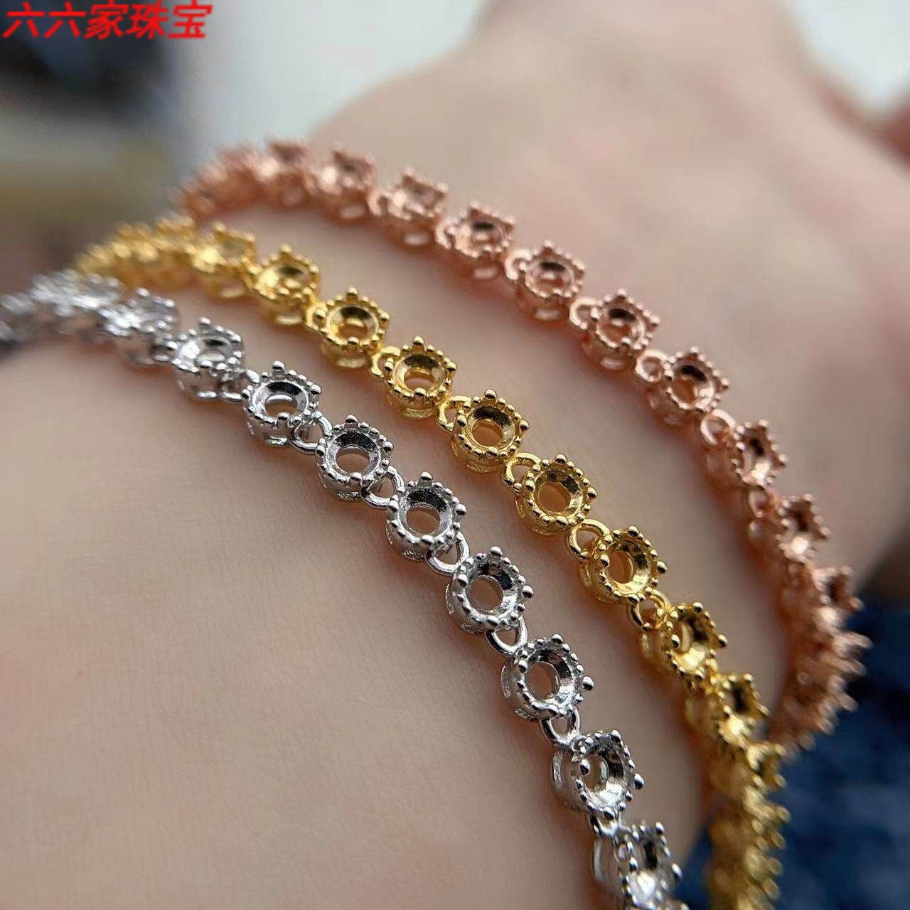 S925银托工厂手链空托3*3mm26粒