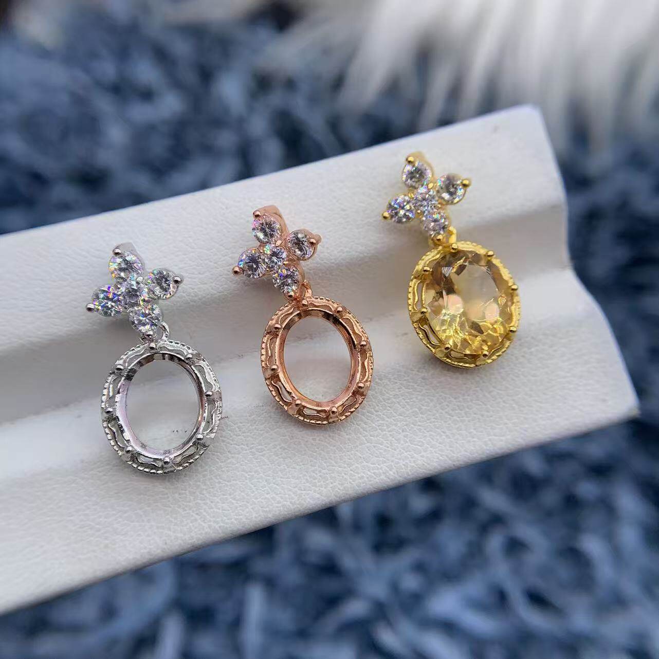 S925纯银吊坠空托椭圆形8*10mm复古镂空轻奢气质潮流水晶透辉石银