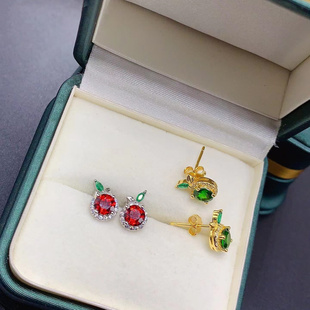 S925银耳钉空托圆形5*5mm可爱卡通水果款学生银耳饰天然彩色宝石