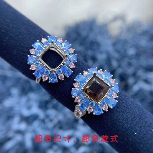 s925纯银戒指空托正方形8*8mm奢华重工蓝色彩钻彩宝戒托精致开口