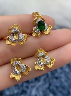 S925银戒指吊坠耳钉空托立体花朵