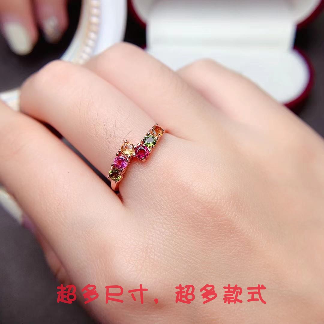 S925纯银时尚女戒排戒空托圆形3*3mm6粒可搭配天然彩虹色碧玺戒指