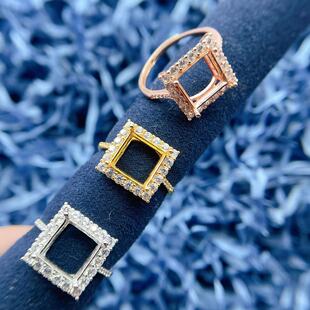 S925银大尺寸戒指空托方形9*9mm银镀18k黄金玫瑰金色百搭款男女戒