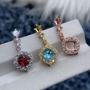 S925纯银吊坠空托圆形6*6/方形6*6mm顶珠圆形5*5mm双石款精工项链