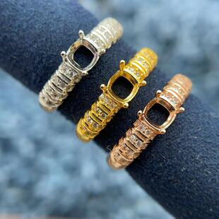 S925银戒指空托枕方形5*5mm时尚简单百搭个性带钻闪亮精致高级