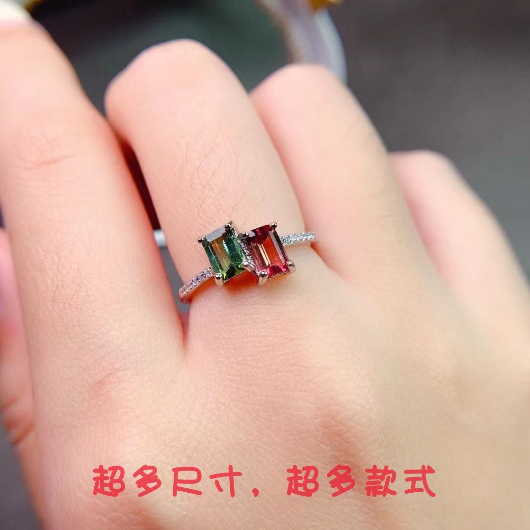 S925银镀双色金戒指空托两粒方形4*6mm开口可调节可镶嵌天然碧玺