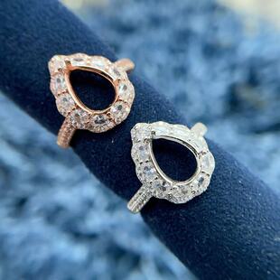 S925纯银戒指空托水滴形7*10mm精工奢华水晶彩宝银托开口精工18k