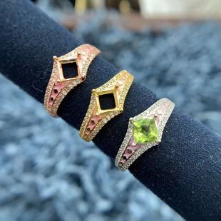 S925纯银戒指空托方形5*5mm精致粉珐琅彩戒托橄榄石镁铝碧玺银托