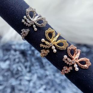 S925纯银戒指空托水滴形4*6mm双石款蝴蝶戒托精工立体款珍珠开口