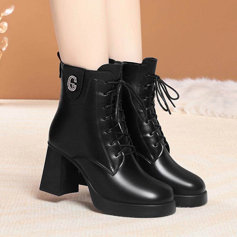 厚底高跟马丁靴系带显脚小女士单靴英伦风春秋冬加绒短靴防水台款