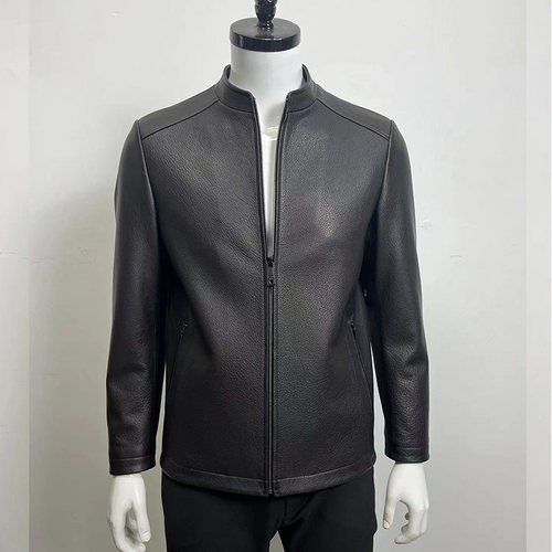 自然纹头层山羊皮立领皮夹克