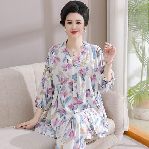 大码开衫V领套装棉绸睡衣长袖