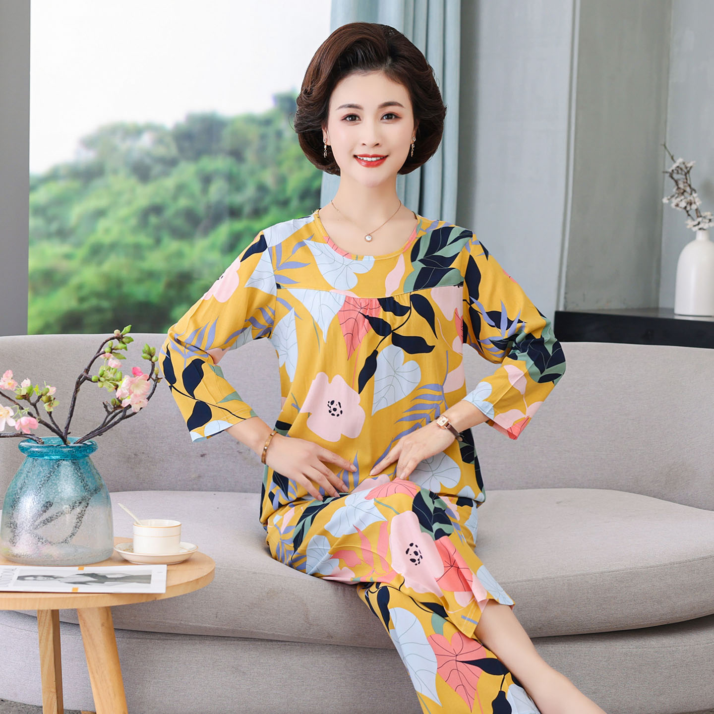 棉绸睡衣女夏季长袖大码家居服