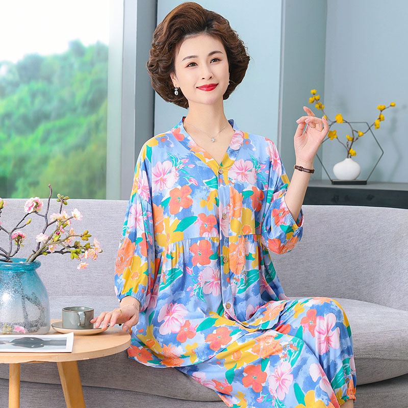 中老年棉绸开衫薄款妈妈家居服