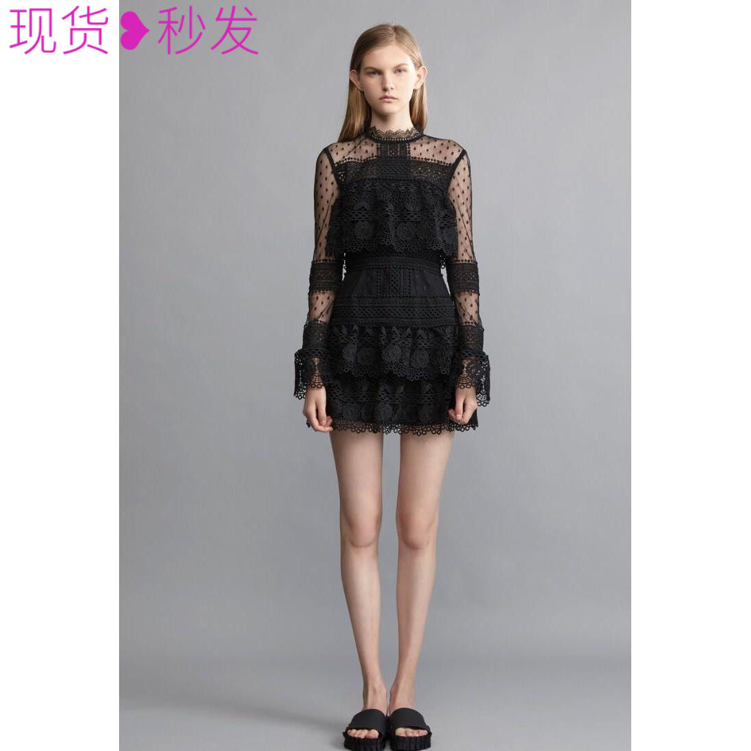 2803#女装欧美水溶蕾丝拼接透视层层蛋糕连衣裙