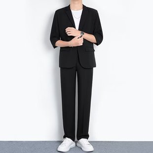 夏季 西服休闲外套潮 西装 冰丝中袖 七分袖 五分薄款 韩版 男士 青年修身