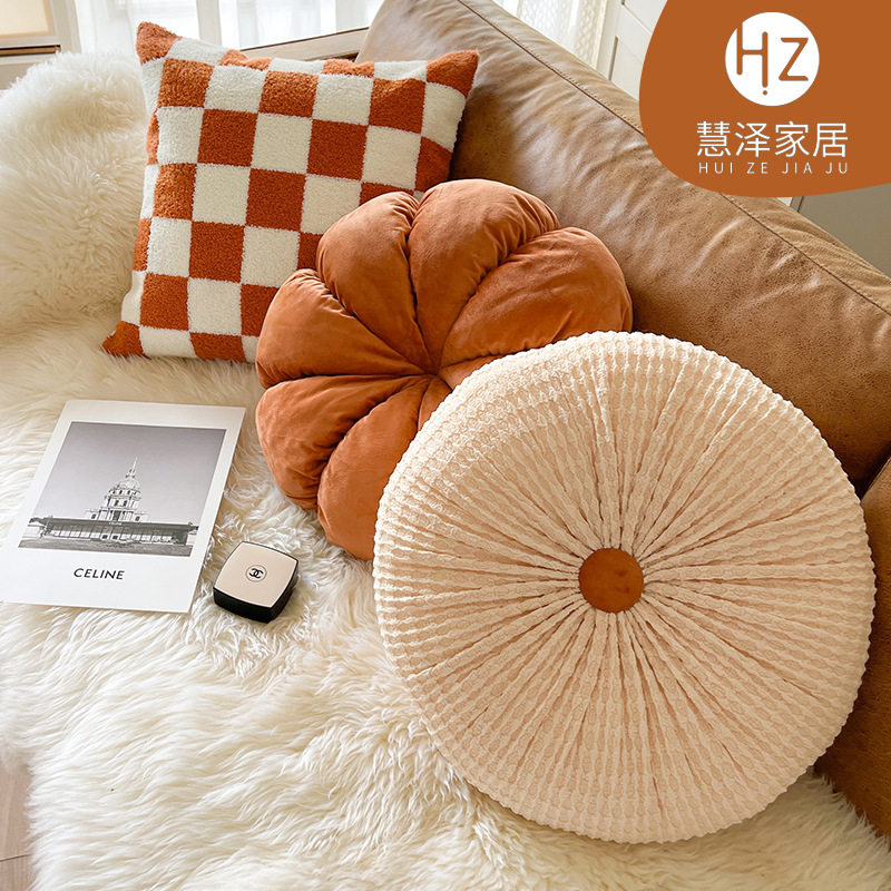 ins风米色轻奢纯色圆形南瓜抱枕民宿榻榻米飘窗褶皱车轮坐垫蒲团