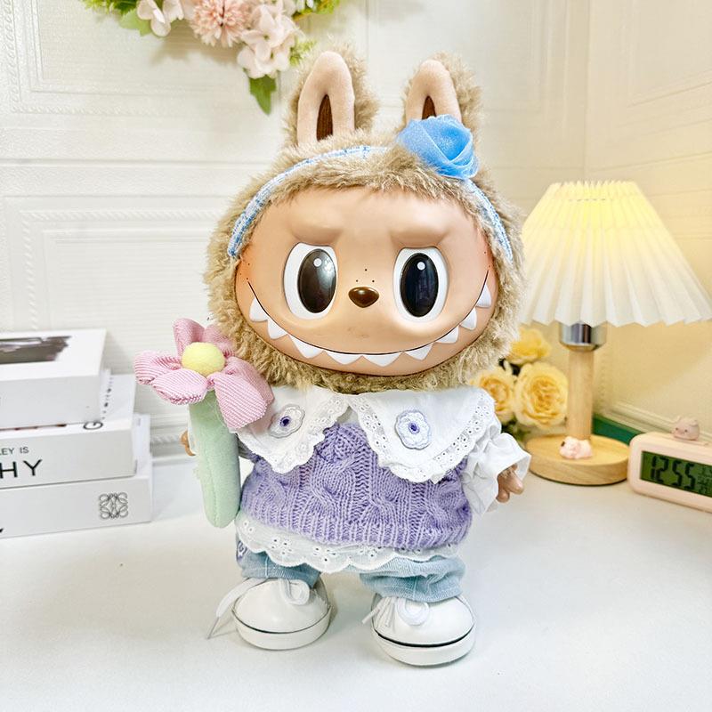 38cm拉布布毛绒娃娃衣服着替Labubu公仔衣服春日紫毛衣小花套装