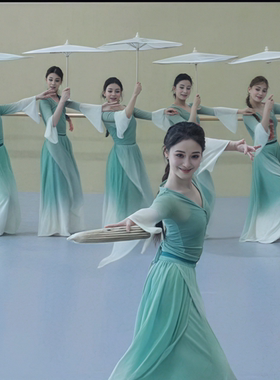 雨涧春行图舞蹈服装女飘逸纱衣练功服古风莲鼓越歌行演出服渐变仙
