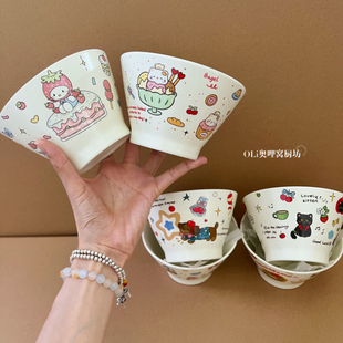 高温釉下彩饭碗5寸喝汤小碗陶瓷高脚亲子碗可爱卡通米饭碗沙拉碗