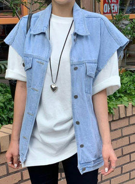 ins 2026早春新品韩版设计感毛边阔肩宽松牛仔马甲背心外套马夹女
