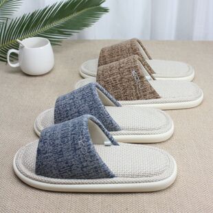 男室内春秋居家吸汗静音防滑棉麻女夏家用凉拖鞋 四季 快鹿亚麻拖鞋