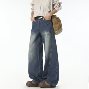 港风复古破洞水洗牛仔裤 春秋季 男街头宽松阔腿长裤 明星同款