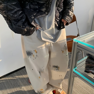 明星同款 春季 美式 男宽松弯刀裤 新款 高街风复古做旧喷漆牛仔裤