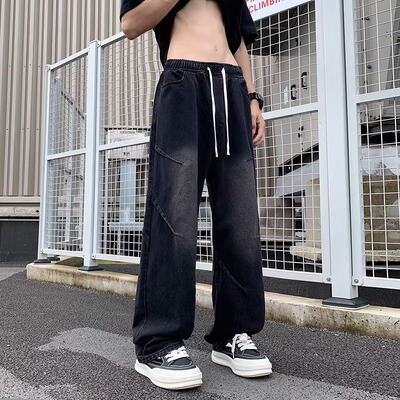 明星同款美式宽松阔腿牛仔裤男