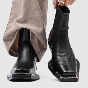 2025新款方头切尔西靴男真皮雕花铁头英伦皮靴中帮短靴厚底侧拉链