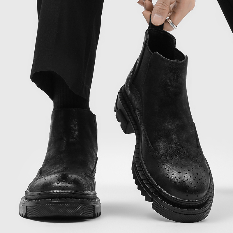 2025新款英伦风切尔西靴男黑色中筒复古雕花厚底马丁靴潮流短靴