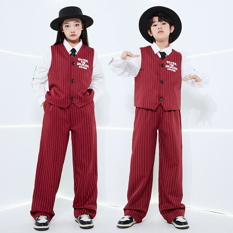 儿童爵士舞套装酒红西装马甲