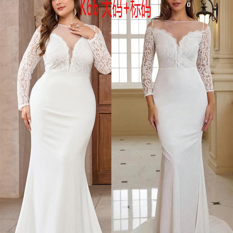 大码 标码连衣裙服饰长袖蕾丝拖尾白色婚礼宴会长裙